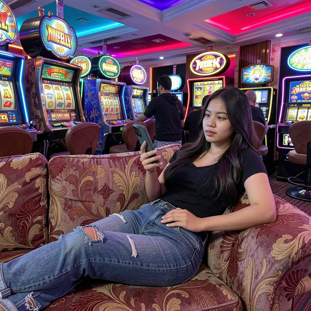 Confident Filipino woman using the AQJILLI casino app on her phone with glowing slot machines and neon lights behind her