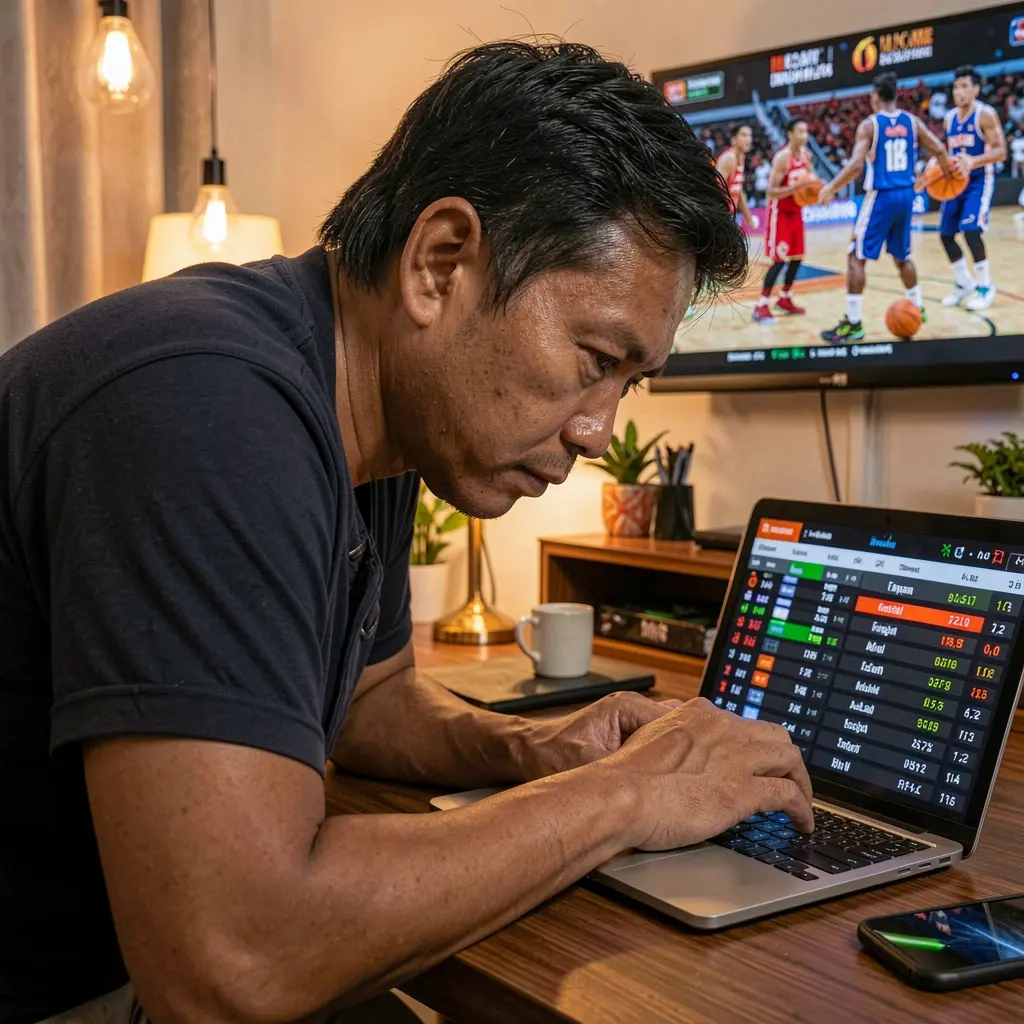 Focused Filipino sports bettor analyzing live basketball odds on a laptop with AQJILLI while watching game highlights on TV