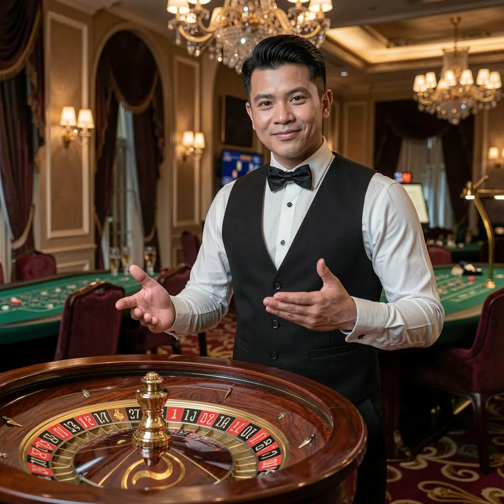 Professional live casino dealer standing by a roulette table in a glamorous studio setting at AQJILLI Casino for players in the Philippines