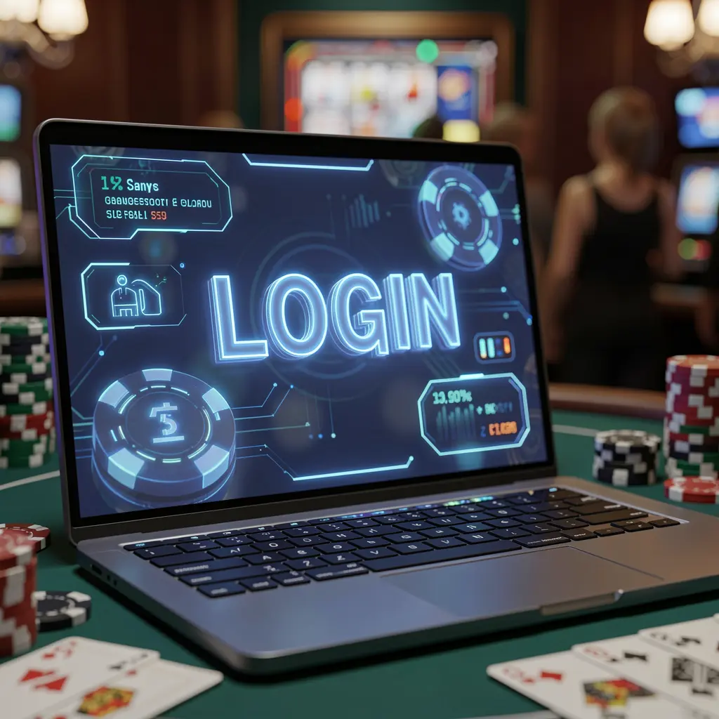Modern laptop with a bright login interface surrounded by casino chips and cards representing secure access to AQJILLI casino accounts in the Philippines