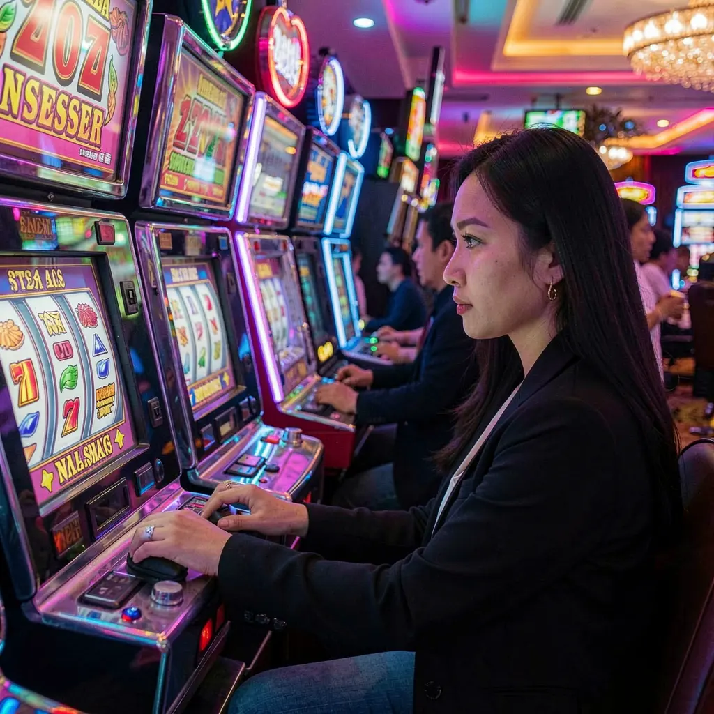 Focused Filipino woman playing a modern slot machine in a vibrant casino setting representing the immersive slot gaming experience on AQJILLI in the Philippines